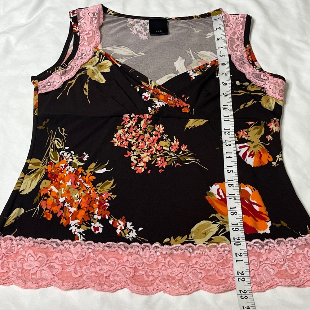 Y2K j.t.b. Floral Print Lace Trim Mock Wrap V Neck Top L Pink Brown Boho Spring - Picture 10 of 15